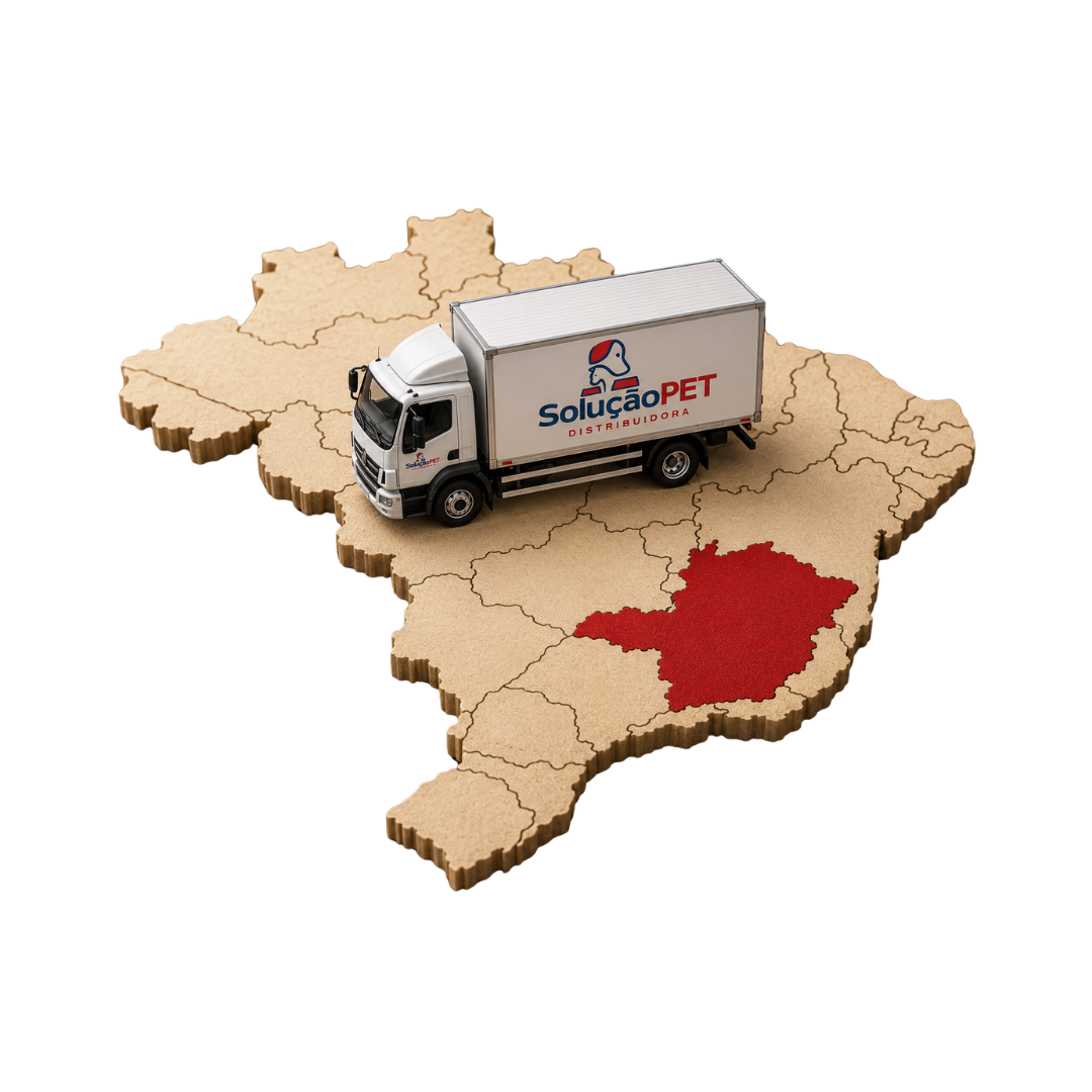 Mapa do Brasil com Minas Gerais em destaque e caminhão da Solução Pet